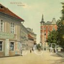 Dějiny města: ulice Na Sadech na počátku 20. století, kolorovaná pohlednice; ze sbírek Jihočeského muzea v Českých Budějovicích.