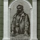 Halla Jan: Mistr Kampanus Vodňanský (1956) jedno se sgrafit Jana Hally na fasádě základní školy v ulici Matice Školské č. 62; podle Panny a labutě, 2020.