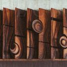 Mertlová Arana: dřevěná předělovací stěna (1979) s vyobrazením fází měsíce v interiéru krematoria na Pražské třídě; podle Panny a labutě, 2020.