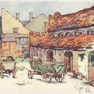 Pitter Emil: Masné krámy, kresba Emila Pittera z roku 1922, vytištěná jako pohlednice; SOkA.