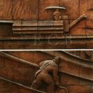 Sochařství: detail keramického reliéfu Proměny socialistického zemědělství (1974) od Bohumila Dobiáše ml., který se nachází v 2. patře Jihočeské vědecké knihovny; podle Panny a labutě, 2020.