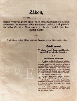 Českobudějovický pakt: titulní strana návrhu zákona o národnostním vyrovnání v Českých Budějovicích, 1914; SOkA.