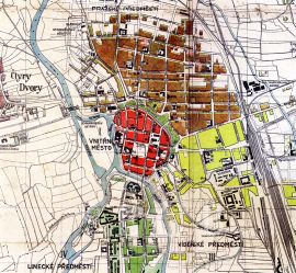 Části města: na výřezu plánu S. Matyáše a A. Moučky z 1920; podle Historický atlas 1996.