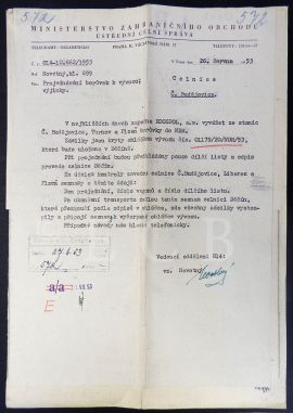 Celní správa: přípis ministerstva zahraničního obchodu Celnici v Českých Budějovicích o organizaci a zajištění vývozu borůvek do Německé demokratické republiky z června 1953; SOkA.