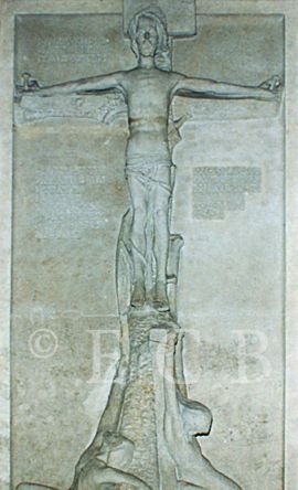 Církev československá husitská: Husův sbor na Palackého náměstí, reliéf od Františka Bílka; foto O. Sepp 1998.
