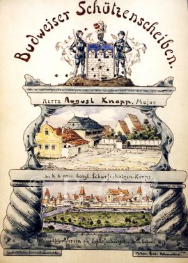 Knappové: ostrostřelecký terč s malbou na počest Augusta Knappa; ze sbírek Jihočeského muzea v Českých Budějovicích.