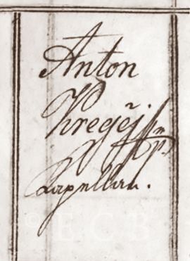 Krejčí Antonín: vlastnoruční podpis z matriční knihy narozených z děkanství u svatého Mikuláše, rok 1844; SOA Třeboň. 