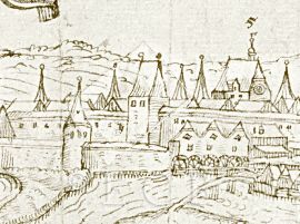 Lauseck: hradební věž na výřezu z Willenbergovy veduty Českých Budějovic z roku 1602; ze sbírek Královské kanonie premonstrátů na Strahově.