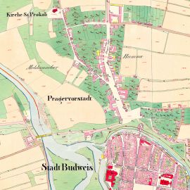 Pražské předměstí: na císařském otisku mapy stabilního katastru z 1827; Ústřední archiv zeměměřictví a katastru.