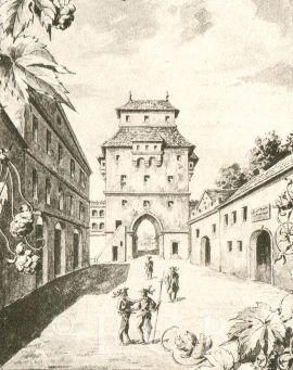 Rožnovská brána na výřezu z litografie z 2. poloviny 19. století; SOkA.