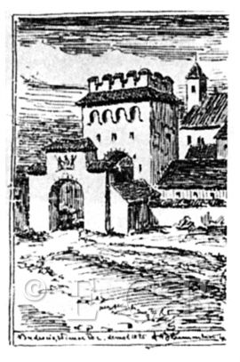 Svinenská brána: Vídeňská brána na kresbě F. Blumentritta; ze sbírek Jihočeského muzea v Českých Budějovicích.