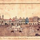 Baroko: pohled na barokní domy na západní straně náměstí Přemysla Otakara II., kolorovaná kresba Vojtěcha Vaváka z 1796; ze sbírek Jihočeského muzea v Českých Budějovicích.