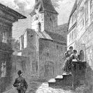 Kašny: městská kašna pro odběr vody ve Kněžské ulici, v pozadí hradební věž Manda, 1875; podle Šubert 1884.