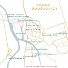 Koněspřežní železnice: mapa trasy vedoucí městem České Budějovice; kresba Nebe.