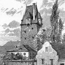 Rabenštejnská věž: hradební věž v pohledu od severu na perokresbě; podle Šubert 1884.