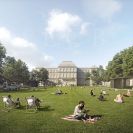 Senovážné náměstí: pobytový trávník před historickou budovou Jihočeského muzea je součástí řešení revitalizace prostoru; archiv ateliér Pavel Hnilička Architects+Planners.