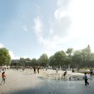 Senovážné náměstí: rušnou křižovatku má od oddychové zóny odclonit nová budova Alšovy jihočeské galerie (na vizualizaci prozatímní tržnice); archiv ateliér Pavel Hnilička Architects+Planners.