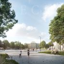 Senovážné náměstí: vítězný návrh ateliéru Pavel Hnilička Architect+Planners, pohled od hlavní pošty k Jihočeskému muzeu; archiv ateliér Pavel Hnilička Architects+Planners.