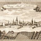 Veduty: barokní opevnění města v 18. století v pohledu od východu; reprodukce frontispisu Topographie des Königreichs Böhmen J. Schallera z vydání 1797.