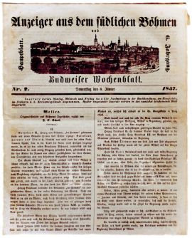 Anzeiger aus dem südlichen Böhmen: titulní strana novin 1857; SOkA.