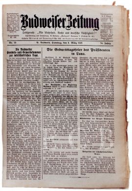 Budweiser Zeitung: titulní strana z roku 1935; SOkA.