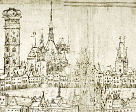 Břidličná věž: na výřezu z Willenbergovy veduty Českých Budějovic z roku 1602; ze sbírek Královské kanonie premonstrátů na Strahově.