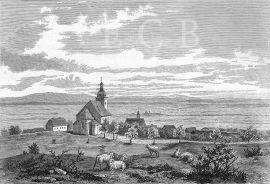 Hornictví: pohled na krajinu Rudolfova s kostelem; podle Šubert 1884.