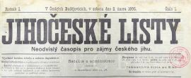 Jihočeské listy: záhlaví prvního čísla prvního ročníku Jihočeských listů z 2. 2. 1895; SOkA.