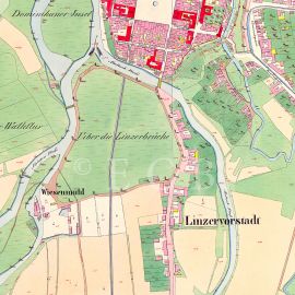 Krumlovské předměstí: Linecké předměstí na císařském otisku mapy stabilního katastru z 1827; Ústřední archiv zeměměřictví a katastru.