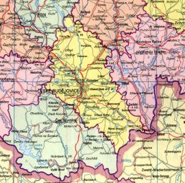 Okres České Budějovice: výřez mapy s vyznačením hranic okresu; Kartografie Praha 1994.