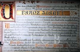 Židé: zakládací listina českobudějovické synagogy z 1888; foto O. Sepp 1998.