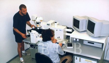Akademie věd České republiky: laserový scanovací konfokální mikroskop; foto O. Sepp 1998.